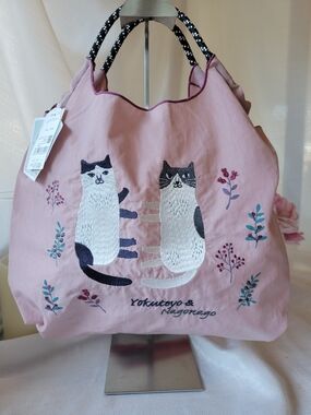Pink Embroidered Cat Tote Bag
